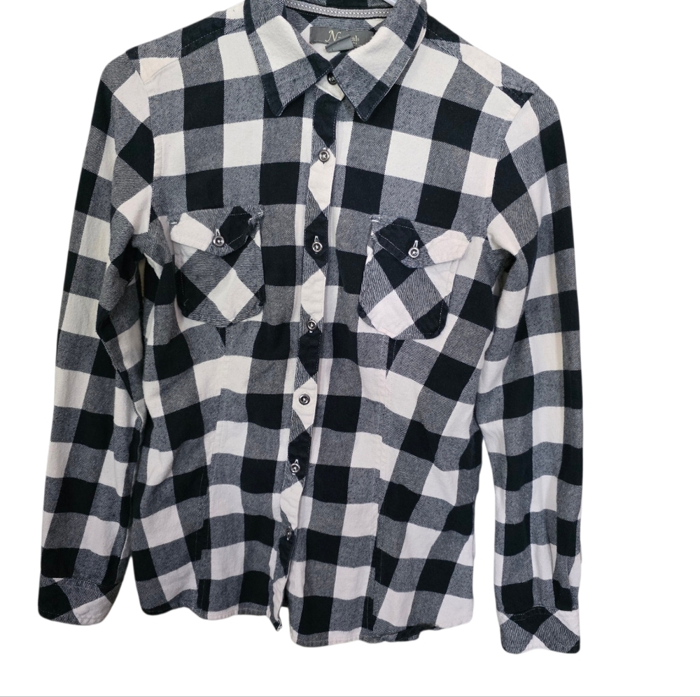 Natural Reflections Black & White Check 100% Cotton Flannel Button Up Shirt Sz S